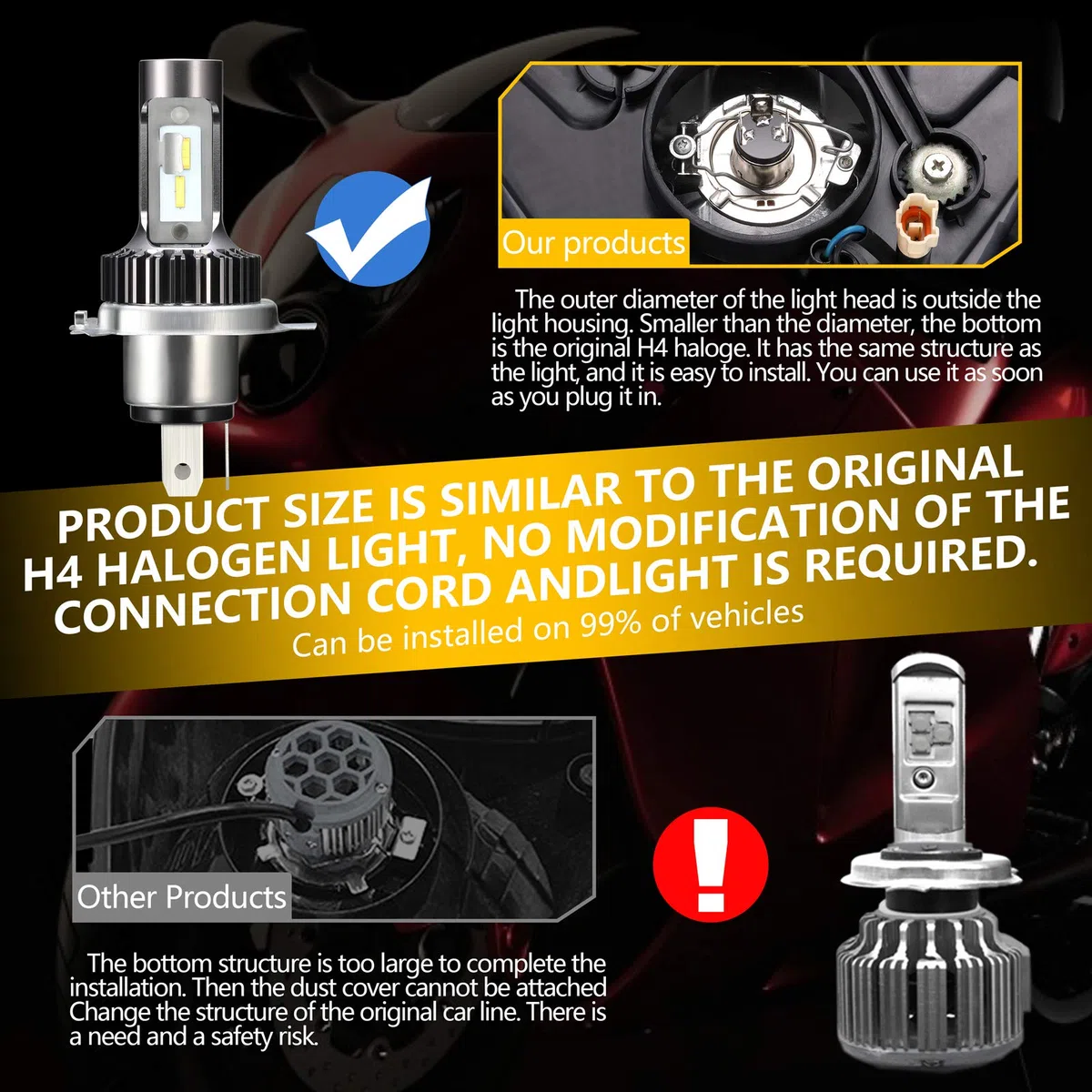 Bombilla H4 LED para moto, sin ventilador, kit de conversión de 25 W, HS1/9003, bombilla de repuesto perfecta para Halógeno H4 6000 K, xenón de luz blanca y 1 unidad