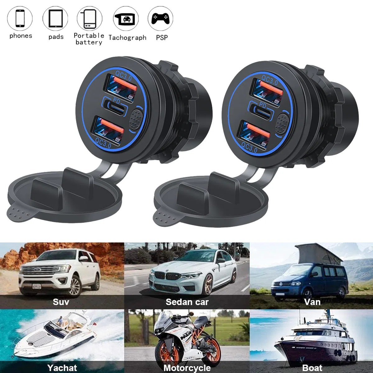 Cargador USB 12-24V, 66W, PD y QC3.0 con Interruptor y Luz Azul para Moto, Coche, Caravanas, Barcos, Camiones - Cargador Impermeable (2PD+4QC)