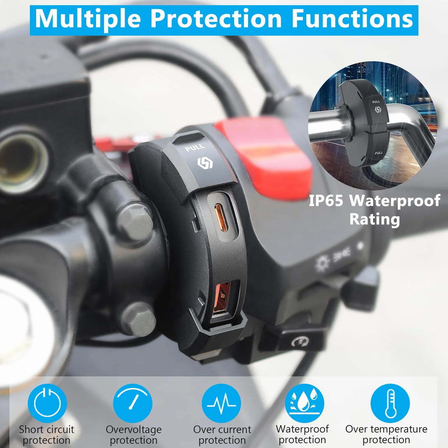 Cargador USB Moto Impermeable 18W QC3.0 USB y 30W PD Type-C,DC12V-24V Toma de Carga Type-C Motocicleta Adaptador de Carga Rápida con 5A USB-C Cable de Carga en Espiral