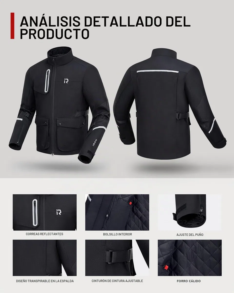 RIDEIRON Chaqueta moto hombre con Protección CE,chaqueta moto invierno con forro extraíble para proteger del frío y el viento en todas las estaciones,Negro