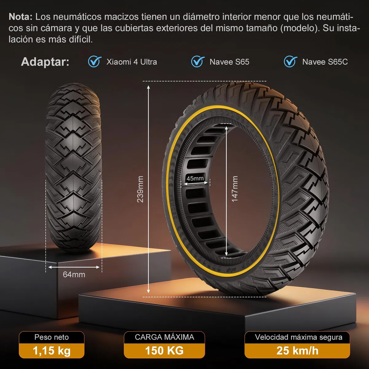 Neumáticos completos de 250 x 64 para Xiaomi 4 Ultra, Navee S65, Navee S65C Scooter Eléctrico 250 x 64 Offroad neumáticos sólidos neumáticos de goma maciza de 10 pulgadas, neumáticos de