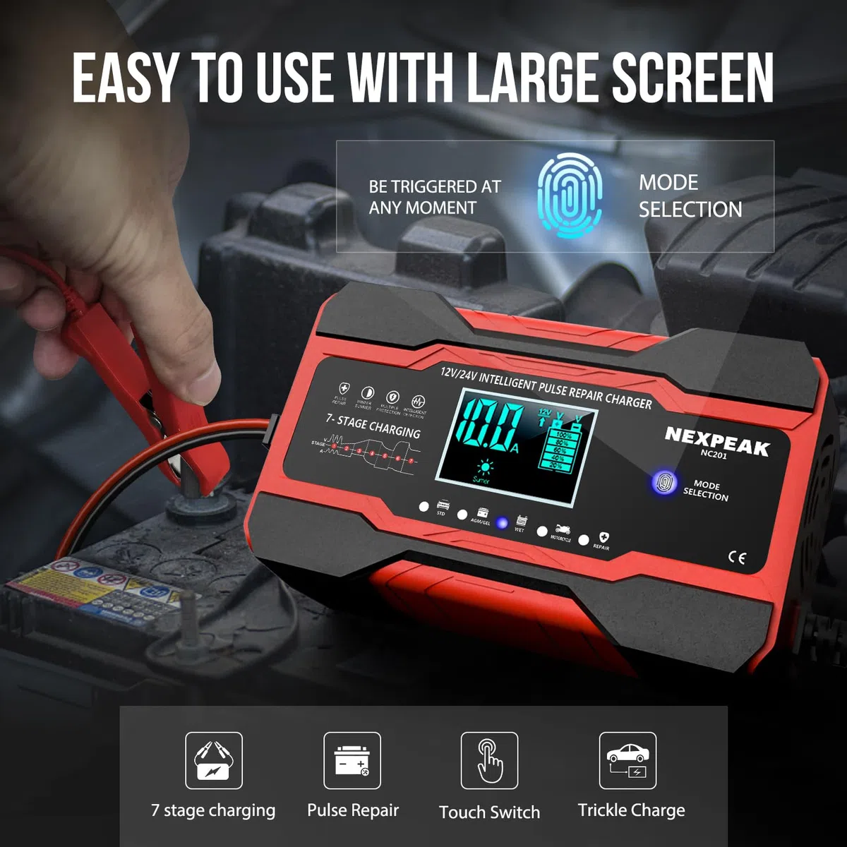 Cargador de batería Inteligente de 10A, Carga de batería de Coche, Cargador de batería portátil con Pantalla LCD Coche, Motocicleta, camión, AGM, Gel, Mojado, SLA (Rojo Intenso)