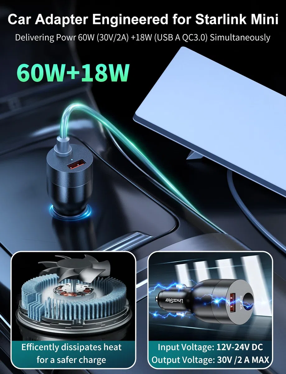 Starlink Mini Adaptador de Coche de 60 W de 12 V a 24 V CC, convertidor Elevador para Cable Oficial de 16 AWG 30 m, Adaptador Starlink Mini 12 V 2 en 1 Adaptador de Encendedor de Cigarrillos de Coche