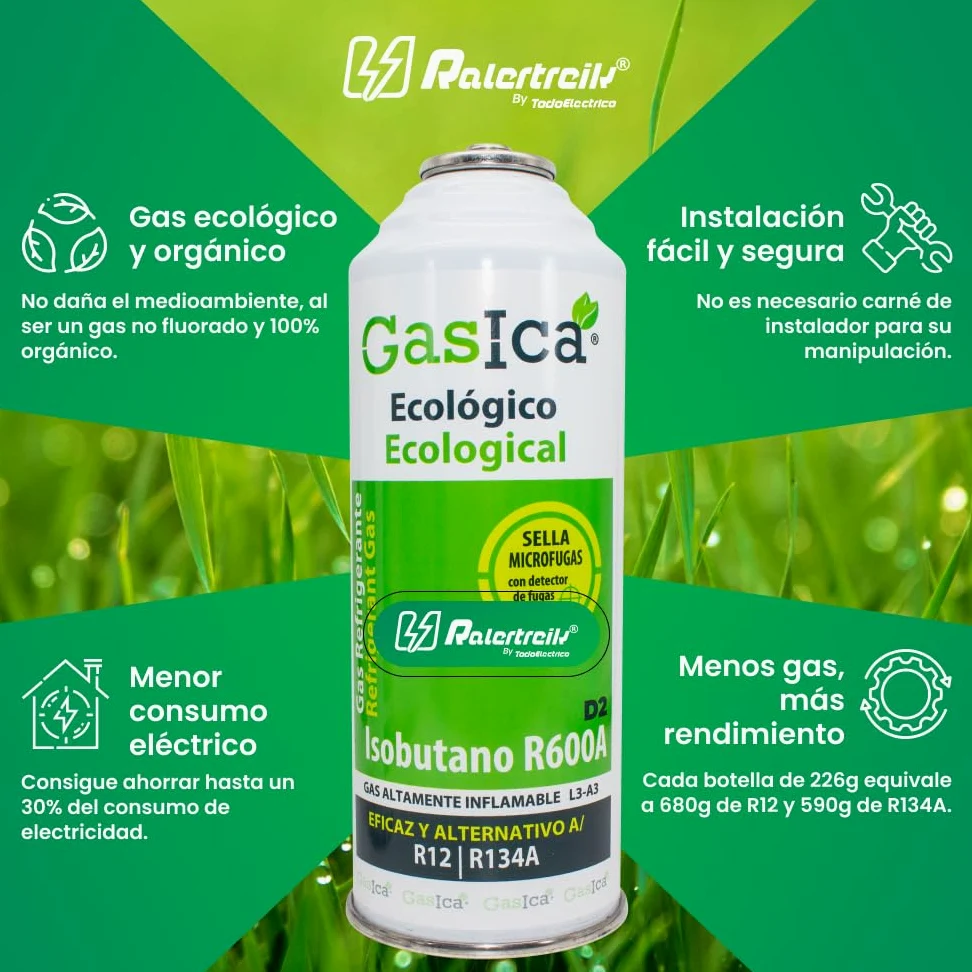Gasica D2 226g. Bombona Refrigerante Orgánico Ecológico Sustituto del R12 y R134A para Recarga de Aire Acondicionado Coche y Neveras