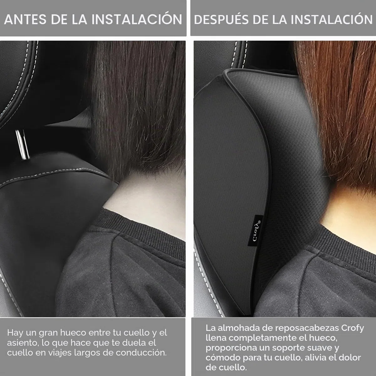 Crofy Juego de 2 Almohadas para el Cuello del Coche, Reposacabezas Suave para Conducir con Correa Ajustable, 100% Espuma de Memoria y Funda Transpirable Lavable, Diseño Ergonómico y Cómodo