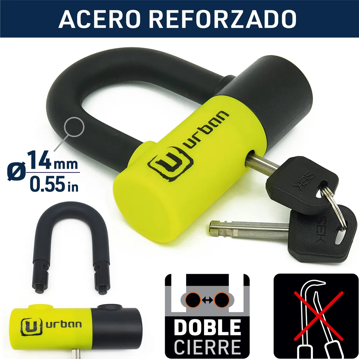 URBAN UR59 Candado Moto Disco Mini U ø14mm, Alta Seguridad, Antirrobo Moto Doble Función Bloqueo Pinza Freno o Cadena Seguridad, Doble Cierre Acero Endurecido, Cable Recordatorio, Cepo Moto Universal