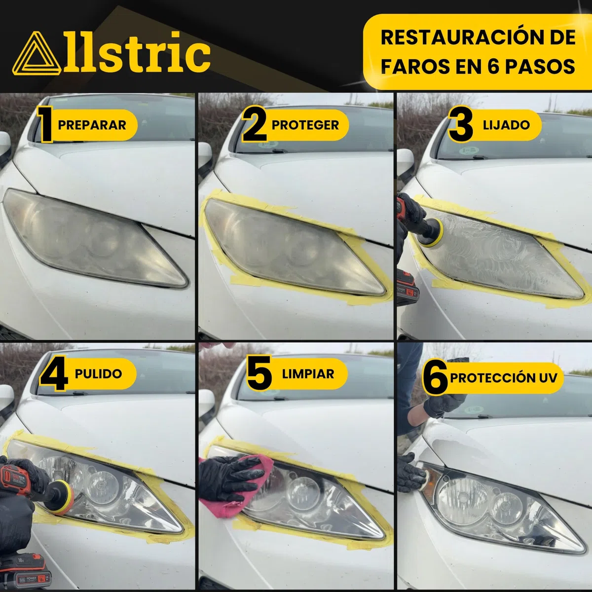 Kit Pulir Faros Coche con Polímero Líquido y Barniz Faros Coche. Pulimento Faros Profesional y Restaurador Faros Opacos para Pasar ITV. Kit Pulido Faros Coche Mejor Visibilidad y Seguridad