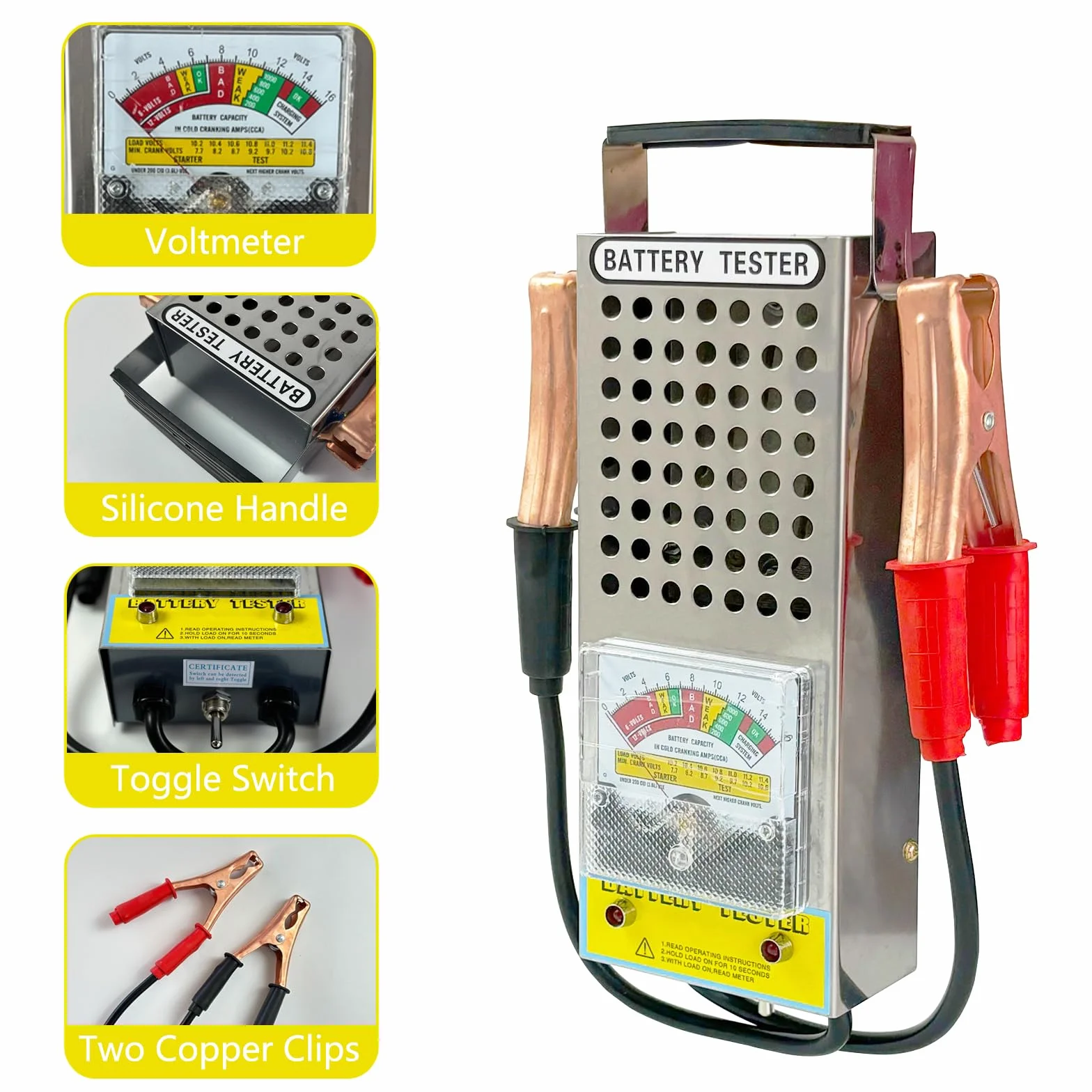 Comprobador de Baterías de Coche 6V 8V 12V Probador de Carga de Batería Alta Precisión Analizador de Bateria Profesional con Voltímetro y Pinzas para Automóviles, Motocicletas, Camión, Barco
