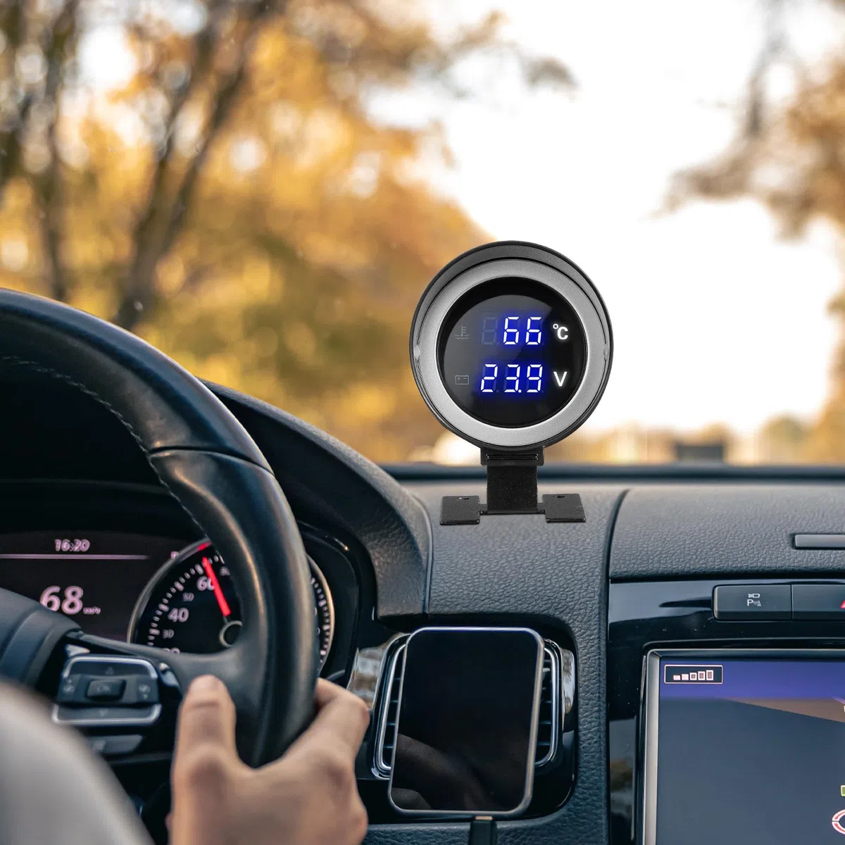 Happyyami Medidor Digital Multifunción para Temperatura Agua Y Voltaje Pantalla Led Redonda con Alarma Kit para Coche Y Moto Temperatura Coche para Control Motor Y Refrigerante