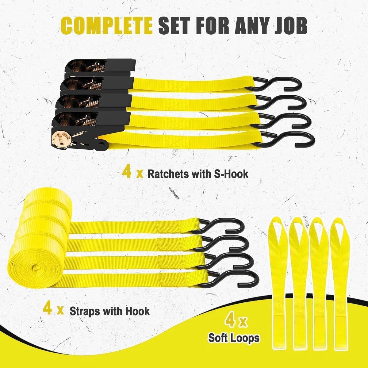 AWELCRAFT 4 Correas de Trinquete de 15 Pies – Resistencia de 1500 Libras, 4 Bucles Suaves Incluidos – Alta Visibilidad Color Amarillo para Moto, ATV, Remolque, Mudanza – Juego de Amarre para Carga