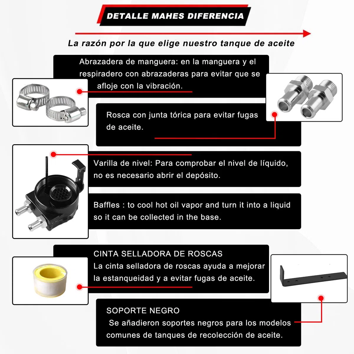 Kit de Captura de Aceite Universal, Depósito Negro de 300ml con Filtro, Manguera Trenzada y Accesorios de Instalación (024c-bk)