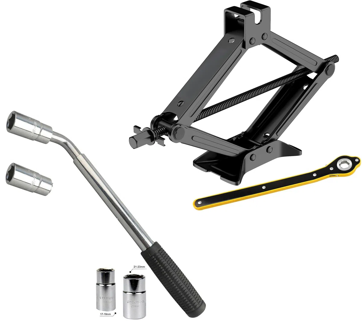 JOMAFA Pack Emergencia Coche - Llave Extensible para Ruedas + Gato para Cambio de Ruedas - Kit Herramientas de Emergencia para Viajes, Taller o Carretera - Compatible con Coches, SUV