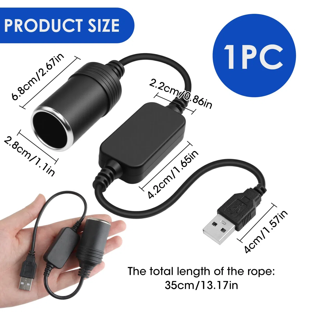 5 V Cable convertidor USB A macho a enchufe de encendedor hembra de 12 V, adaptador de enchufe de encendedor convertidor de enchufe encendedor de coche para grabadora de conducción DVR Dash Cámara GPS