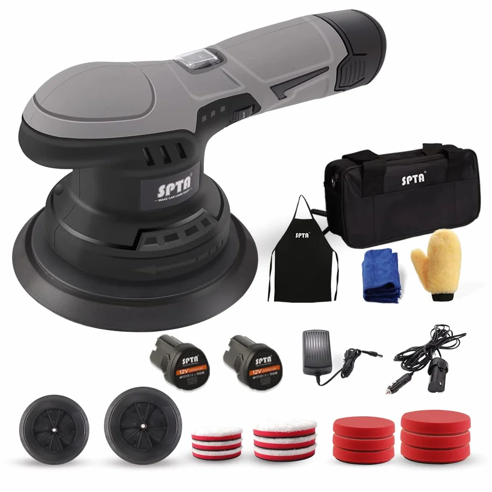 SPTA Pulidora inalámbrica para coche, pulidora con 2 piezas de batería recargable de litio de 12 V, pulidora sin escobillas con velocidad variable, pulidora portátil con kit de almohadillas de pulido