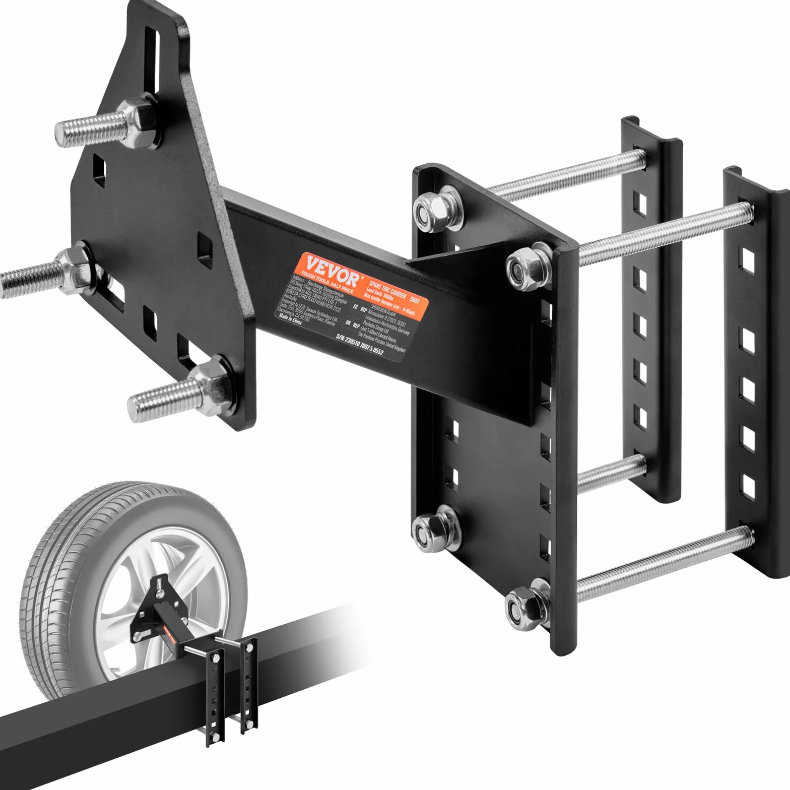 VEVOR Porta Llantas de Repuesto Soporte para Llantas de Repuesto para Remolque Capacidad de 73 kg Se Adapta a Ruedas de 4, 5, 6 y 8, Patrones de Pernos compatible con varios modelos de remolque