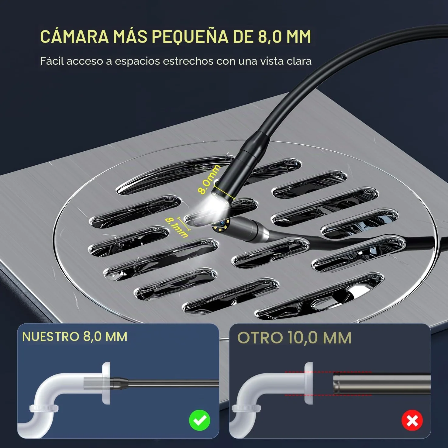Endoscopio Camara de inspeccion, Qimic IP67 Impermeable endoscopio, Camara inspeccion tuberias con 8 Luces LED, Camara endoscopica, 16.5ft Cable Semi-Rígido