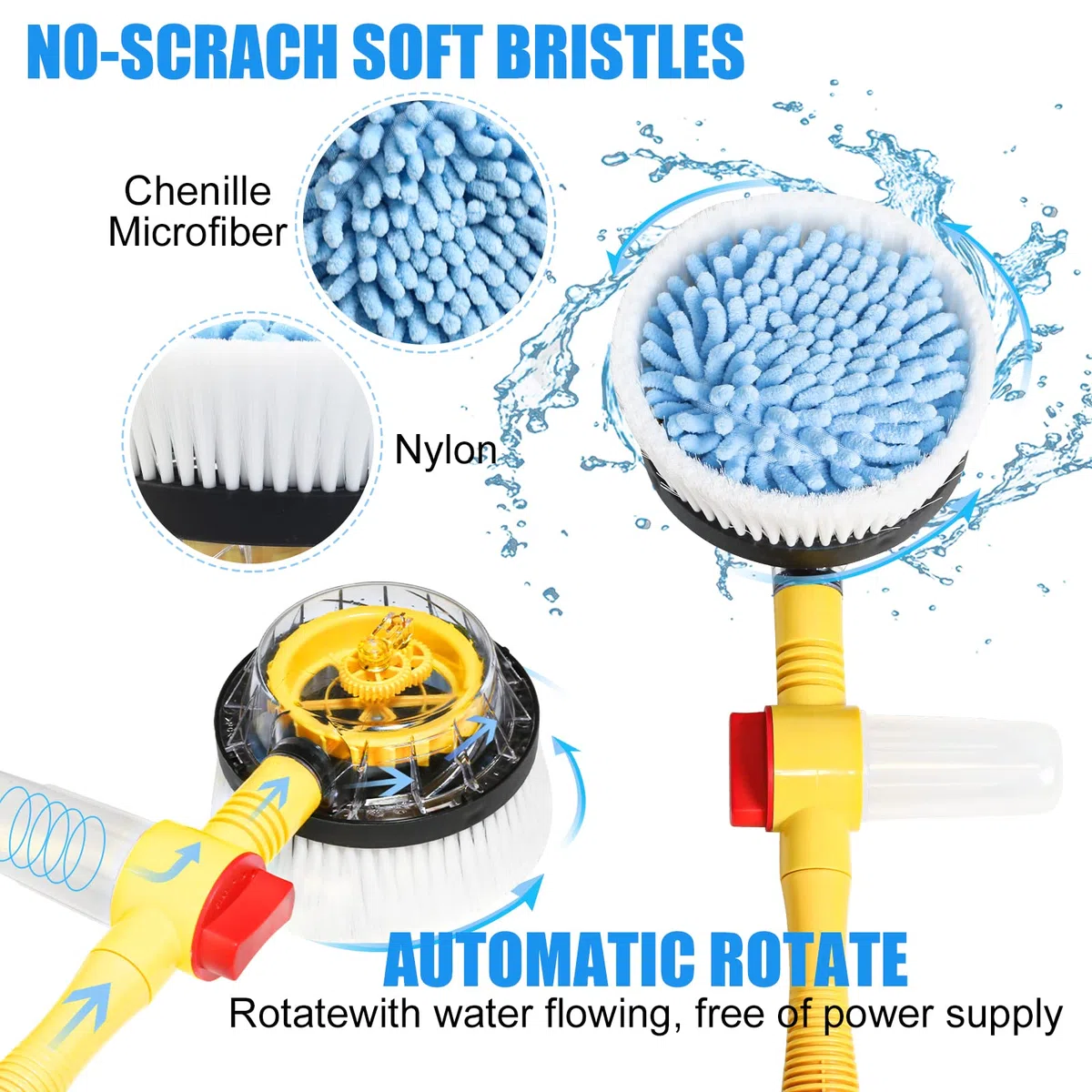 Cepillo Giratorio de Lavado de Coche con Mango Largo, Kit Cepillo de Limpieza de Coches con Espuma Automática, Pistola de Lavado a Presión y Boquilla de Manguera para Patios, Jardines, Mascotas