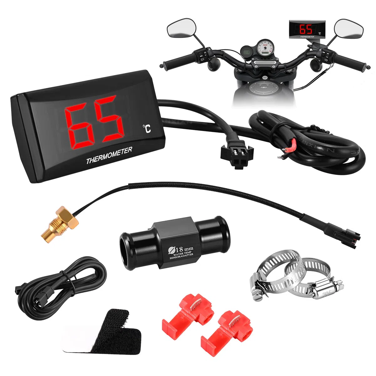 Instrumentos del termómetro de motocicleta, Termómetro digital para motocicletas, termómetro digital sensor de temperatura del sensor de metal impermeable para motocicleta (18 mm)