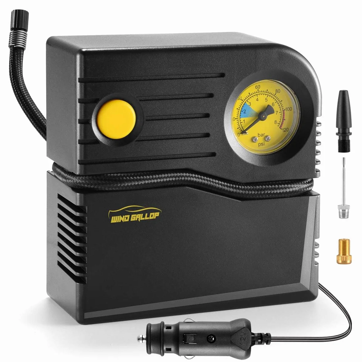 WindGallop Compresor Aire Portatil12v Inflador Ruedas Coche Hinchador Electrico Bicicleta Mini Compresor de Aire Portatil Bomba de Aire con Manómetro de Neumáticos y Adaptadores de Válvulas (Amarillo)