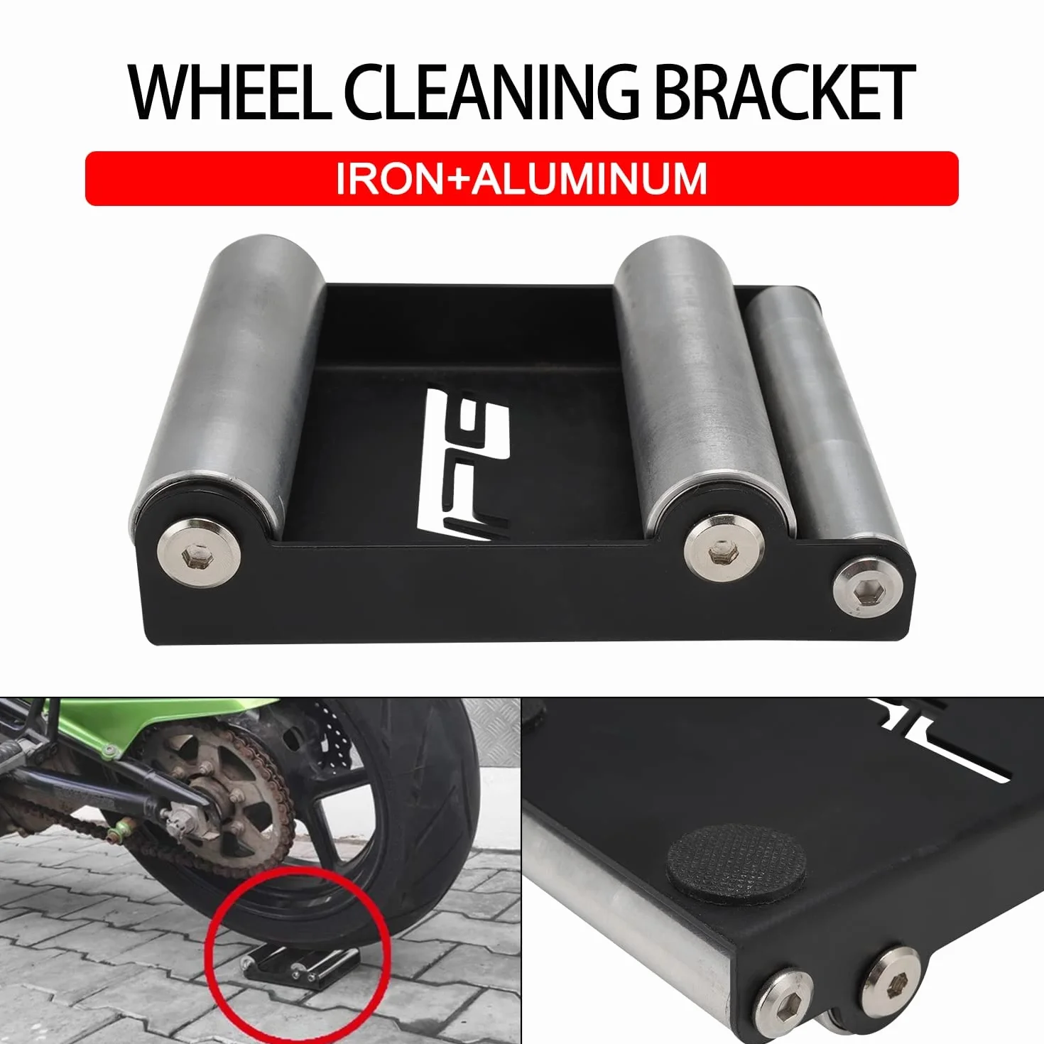 JFG RACING Motor de la Rueda de Motocicleta Rodillo de Ruedas Motor de Limpieza de la Rueda para Limpieza de neumáticos y lubricación de Cadena （Bike <485 LB WT y Ancho de neumáticos <180 mm