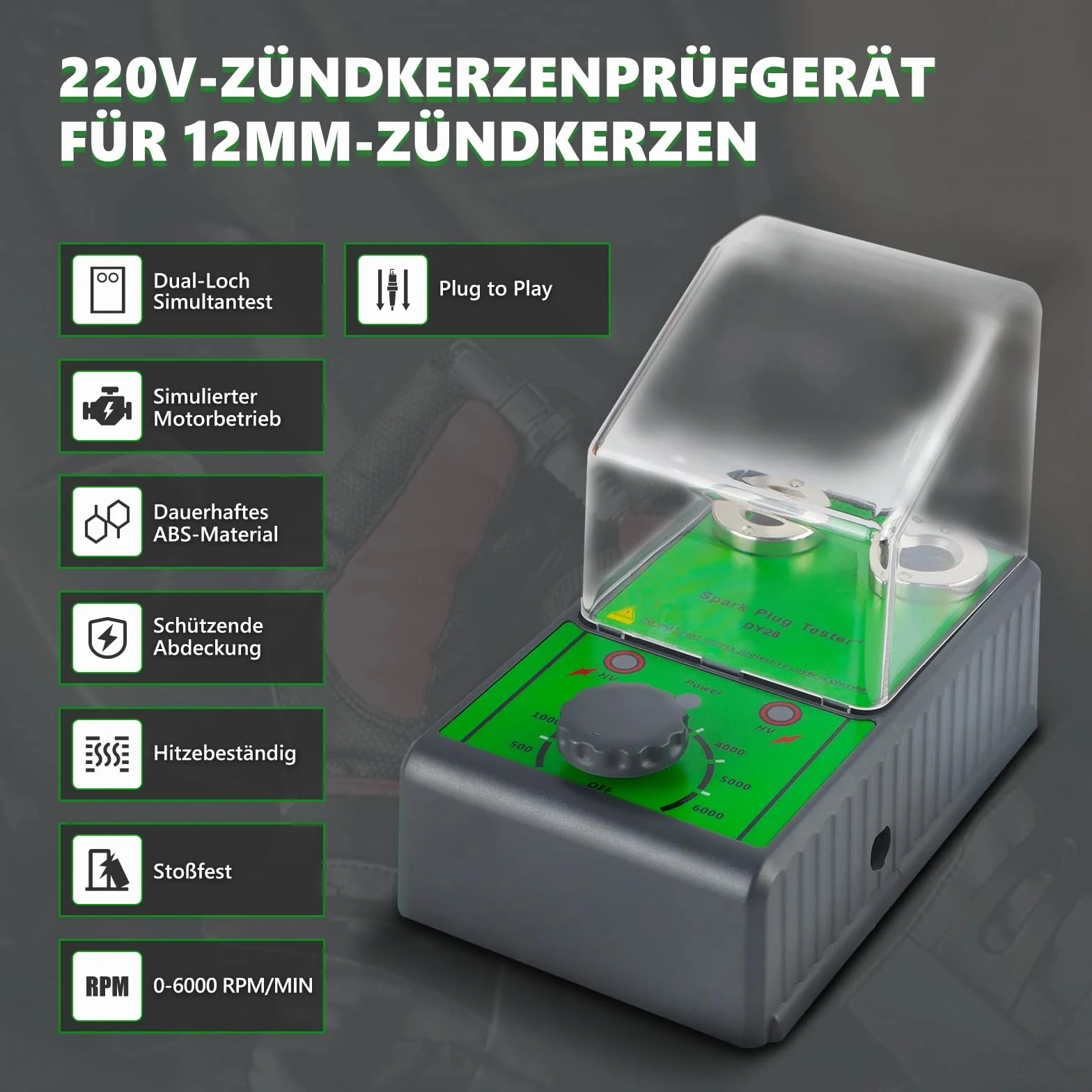 MRCARTOOL Comprobador de Bujías con Doble Orificio, Frecuencia de Trabajo Ajustable 0-6000rpm, Analizador de Bujías con Funda Transparente, para Vehículos de 12V (Verde)