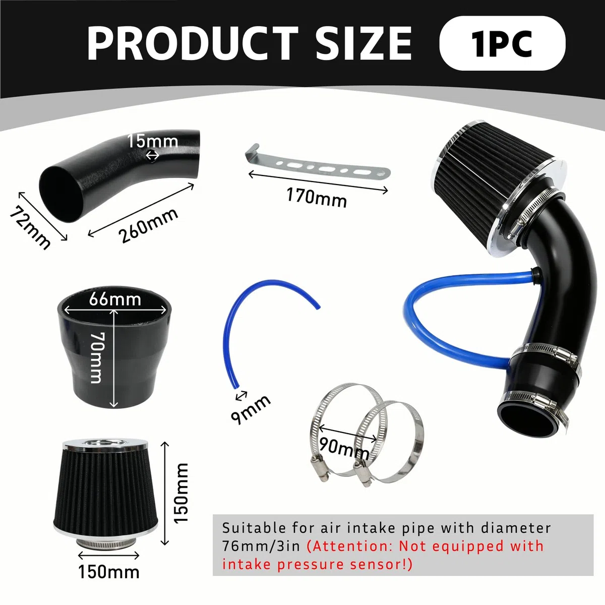 Kit de admisión de aire frío con filtro (Negrol), Filtro Directo de Admisión, Tubo de Diámetro 76mm Sistema de Admisión de Aire de Fibra con Tubo