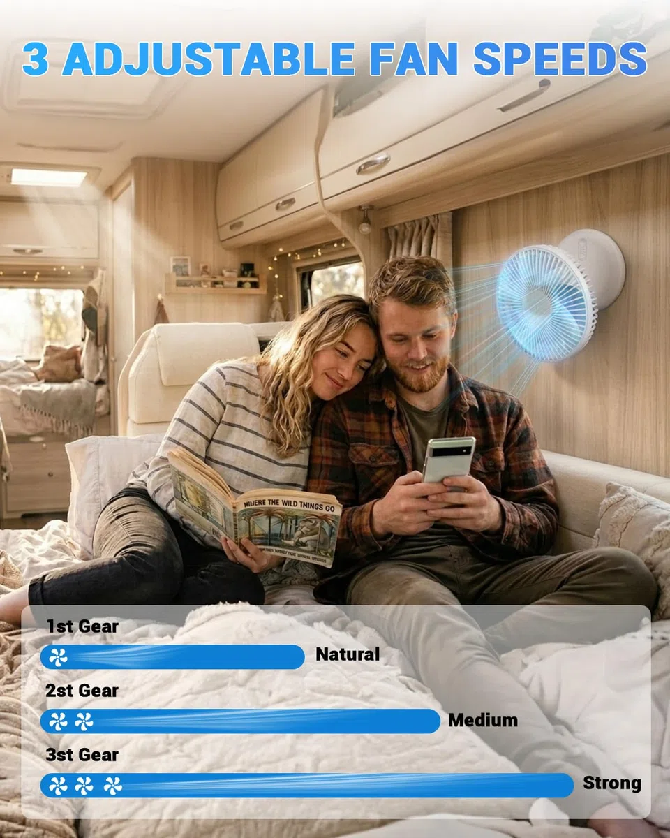 SUPAREE 30dB Ventilador Portátil Silencioso para Autocaravana Recargable de Montaje en Pared para Coche con USB Batería de 4800mAh Luz y 3 Velocidades para Caravana Viajes y Hogar