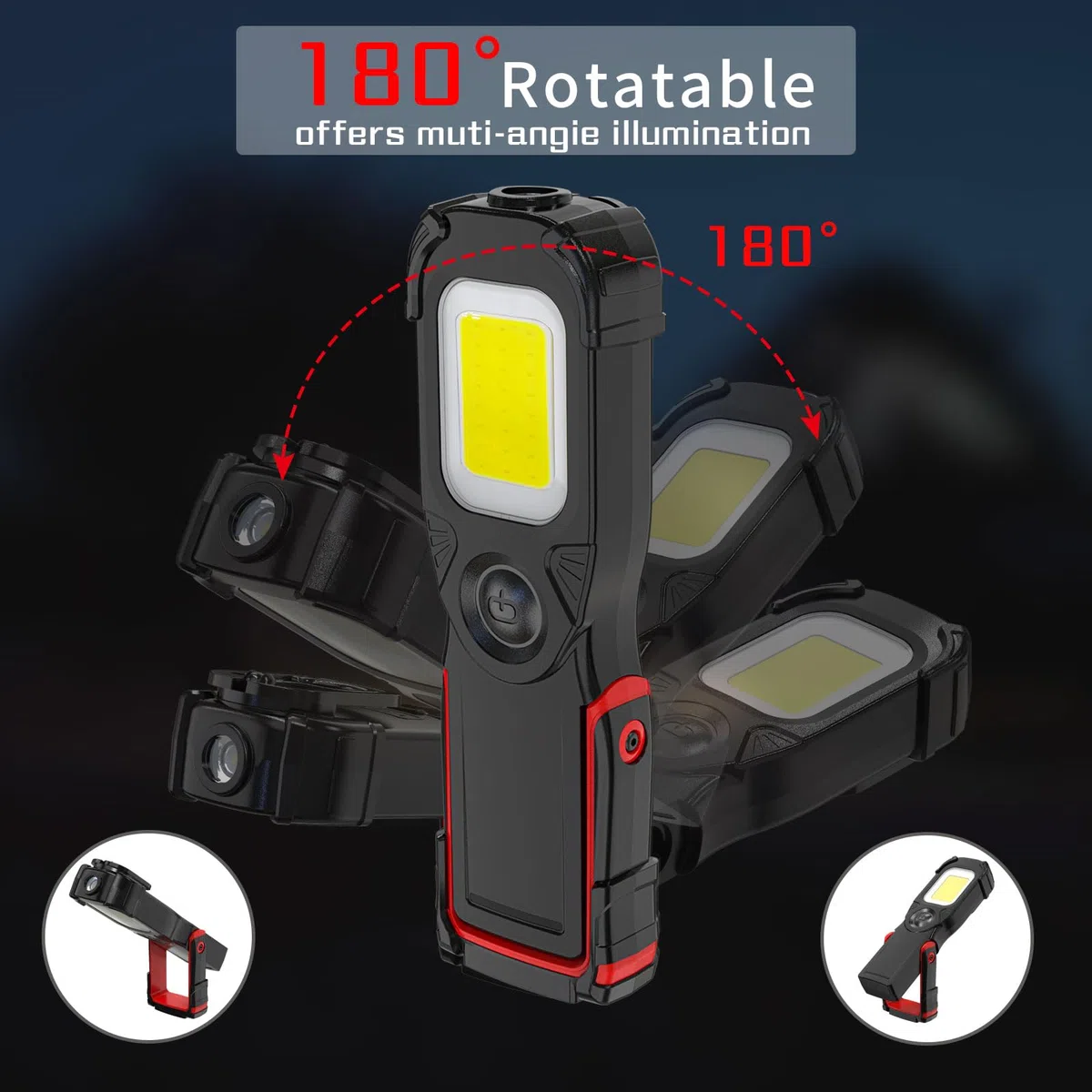 Linterna de Trabajo LED Recargable,Luz de Trabajo Super Brillante LED Parte Delantera de 5W COB LED con Base Ajustable, Gancho e Imán para Hogar, Taller, Automóviles, Camping, Emergencia (Negro/R)