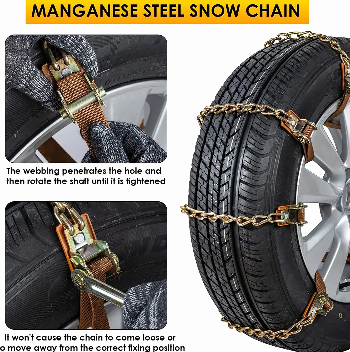 Cadenas de nieve 8 piezas Cadenas ajustables antideslizantes con pala de nieve de plástico y guantes Fácil de instalar Cadena de nieve duradera para neumáticos para automóvil, SUV