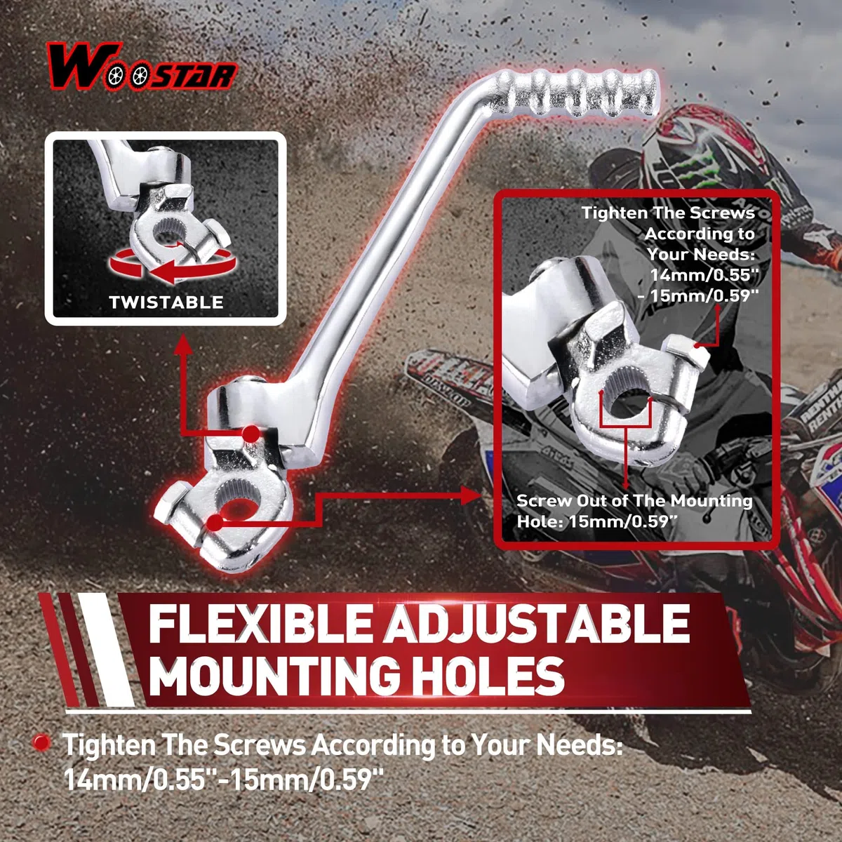 WOOSTAR Palanca de Pedal Moto 15mm Ajustable Reemplazo para 50cc 70cc 90cc 110cc 125cc 150cc Pit Bike Dirt Bike Plata