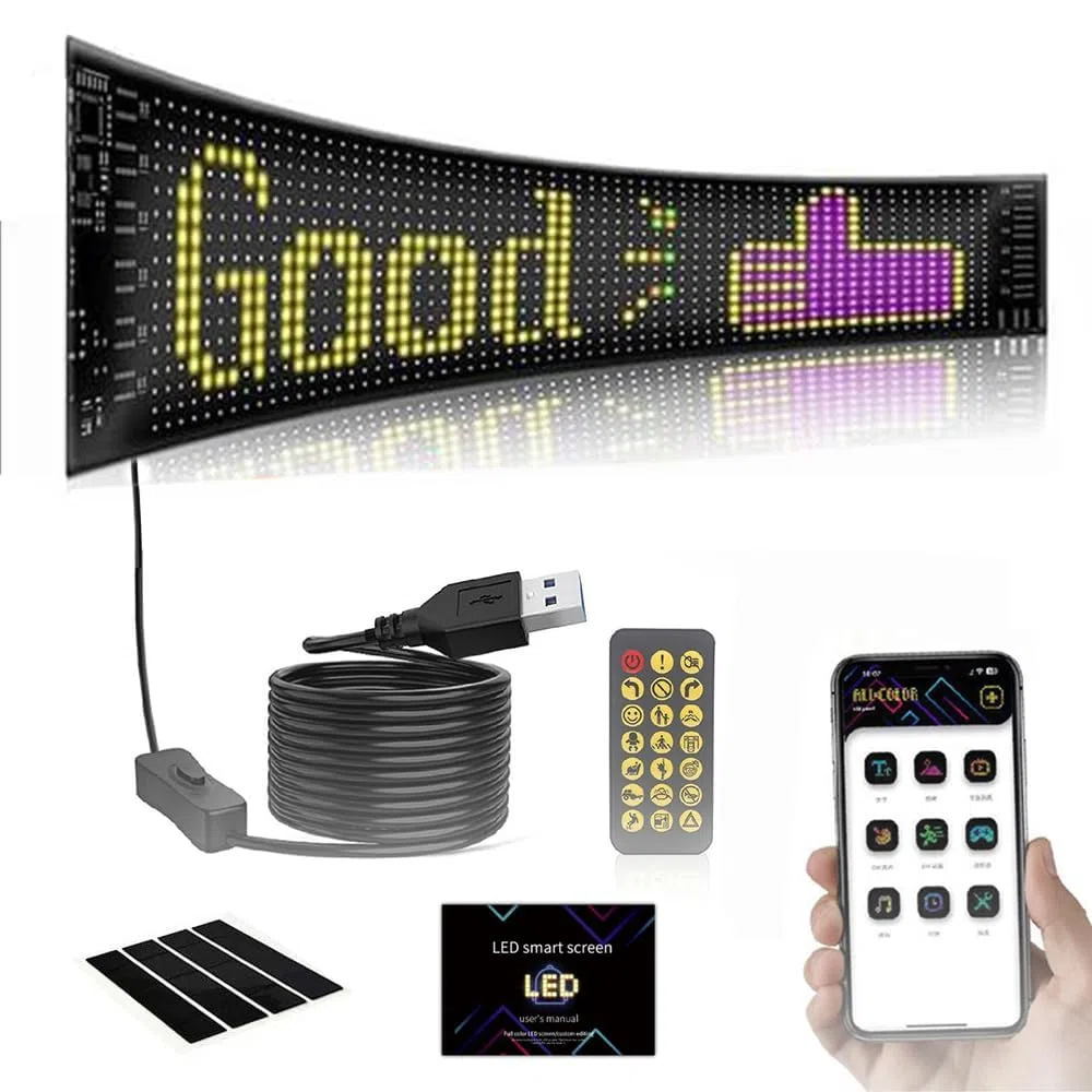 letrero led programable,pantalla led publicidad exterior,Pantalla flexible LED programable,92 mm x 374 mm,Luz ojo de diablo para coches y camiones,Con control por app y mando a distancia