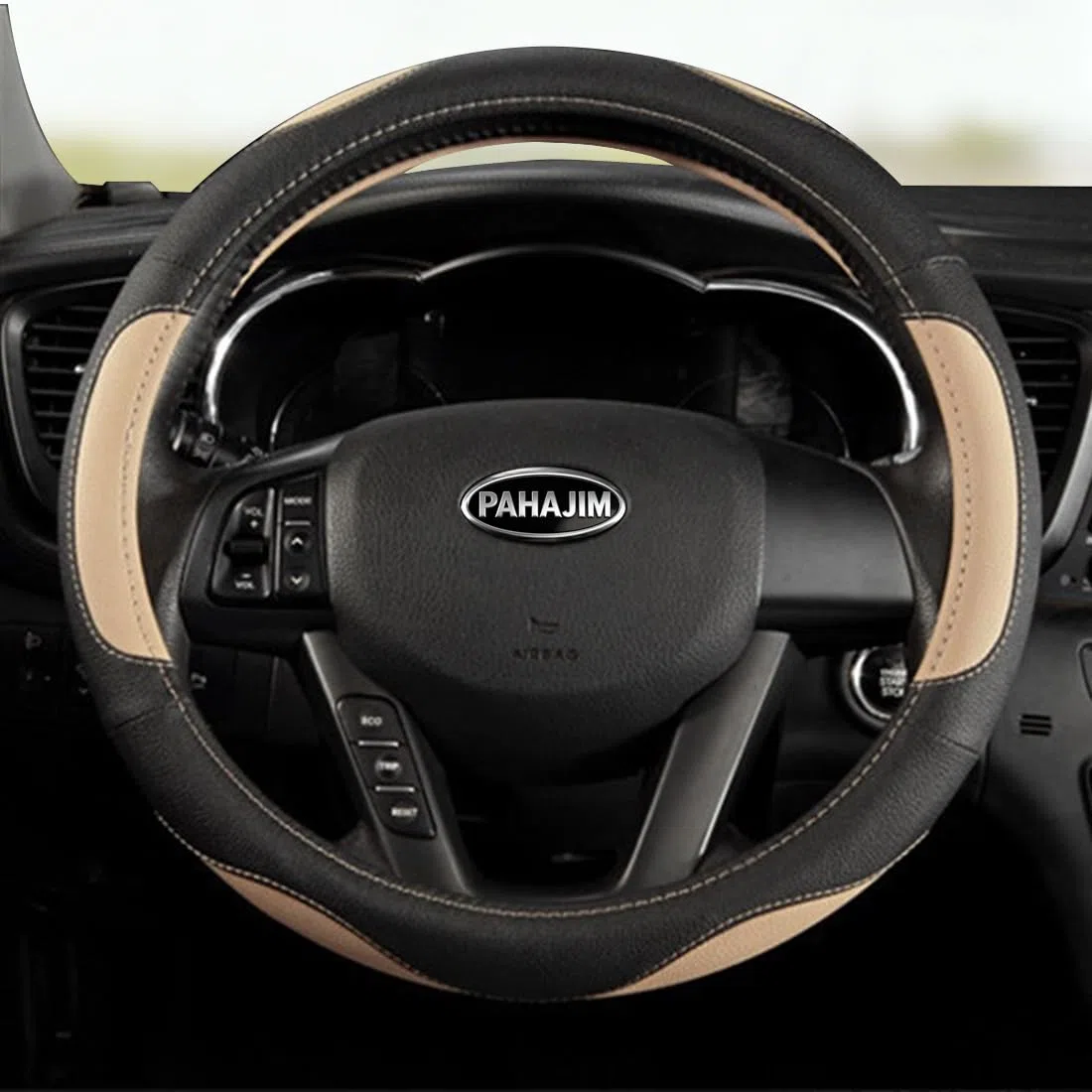 Pahajim Funda Volante Coche de Cuero de Microfibra Cubre Volante Coche Antideslizante Transpirable Durable Universal 38CM (Beige Negro)