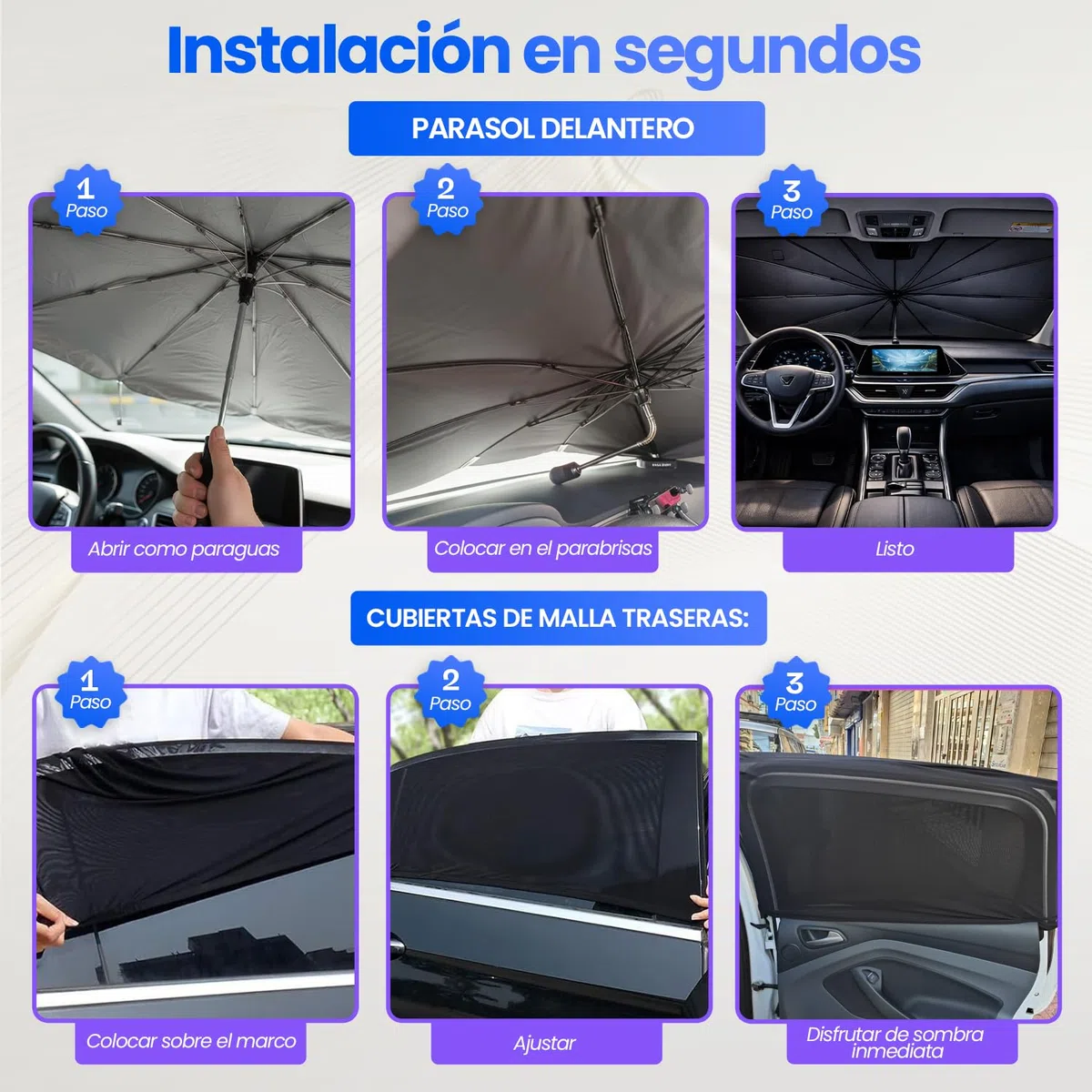 Parasol Coche Delantero Tipo Paraguas 140x80 + 2 Parasoles Coche Lateral, Parasol Coche Paraguas, Potector Solar Coche Delantero, Parasol Ventanas Traseras Coche