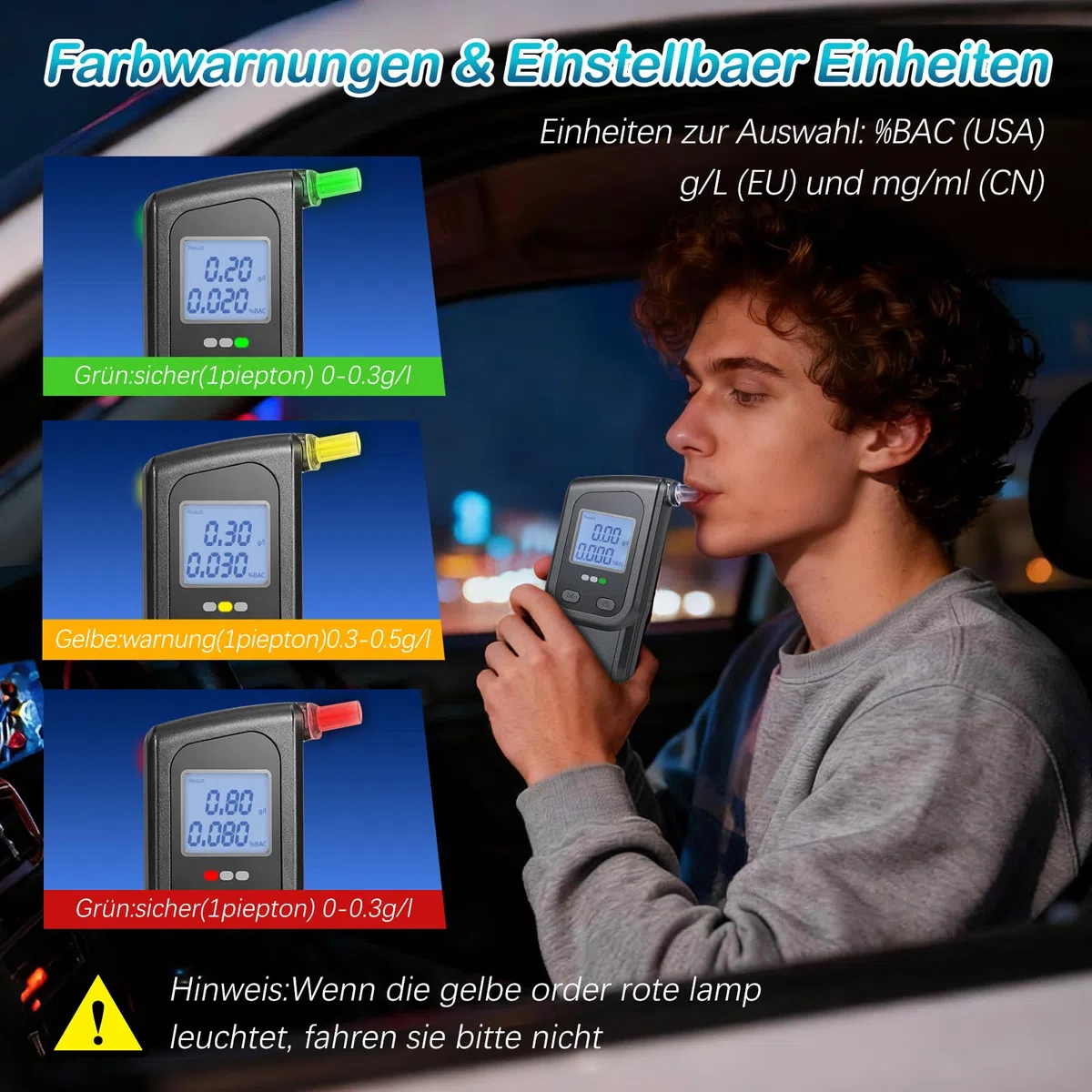 Alcoholimetro Homologado, Portatil Alcoholímetro de Alta Precisión con Pantalla LCD y 20 Boquillas, Test de Alcoholemia Profesiona, Reutilizable Probador de Alcohol para Uso Personal Hogar Sopl
