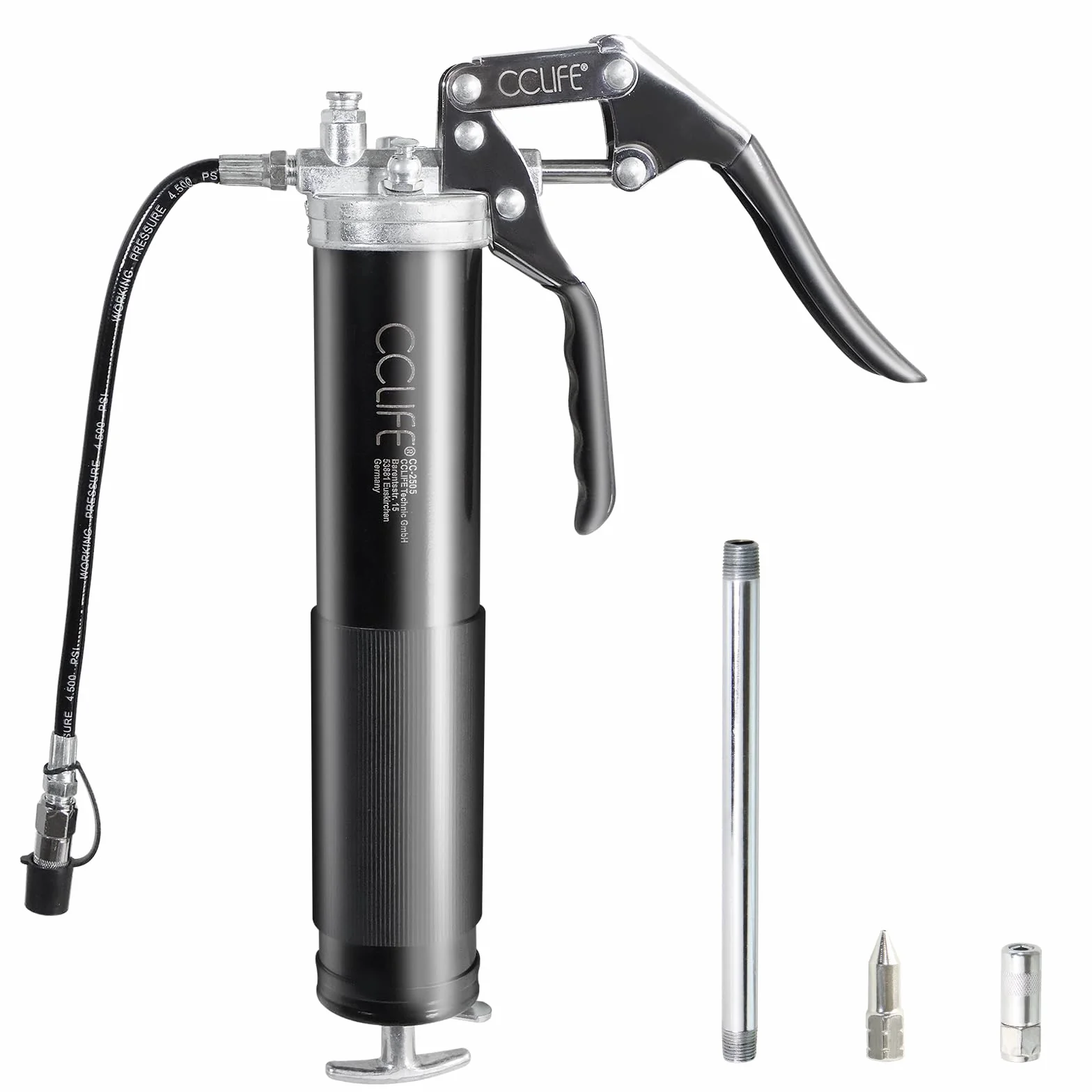 CCLIFE Pistola Engrasadora Manual 6000 PSI, Bomba de Engrase con Manguera Flexible, Engrasadora Profesional de Metal para Cartuchos de 400gr