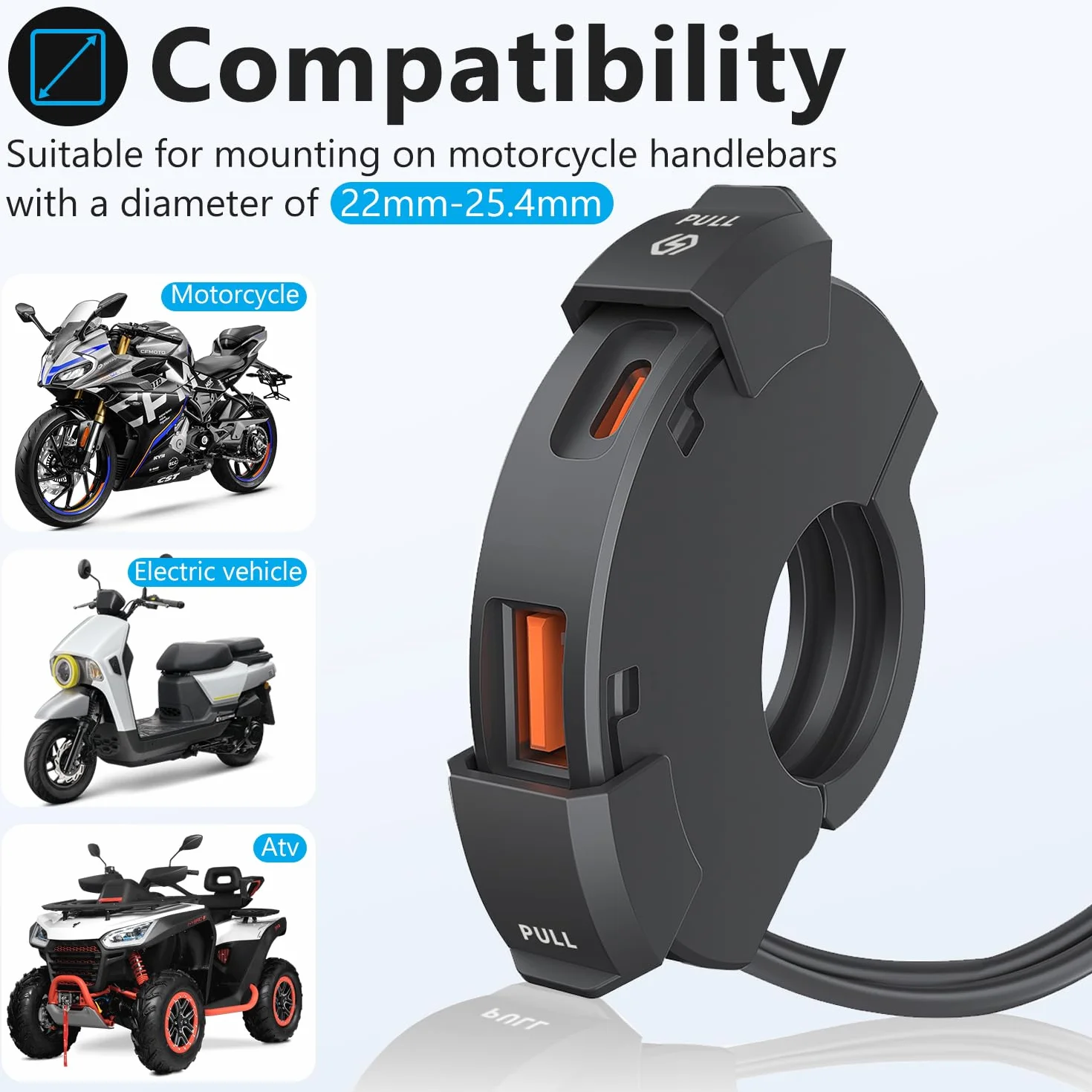Cargador USB Moto Impermeable 18W QC3.0 USB y 30W PD Type-C,DC12V-24V Toma de Carga Type-C Motocicleta Adaptador de Carga Rápida con 5A USB-C Cable de Carga en Espiral