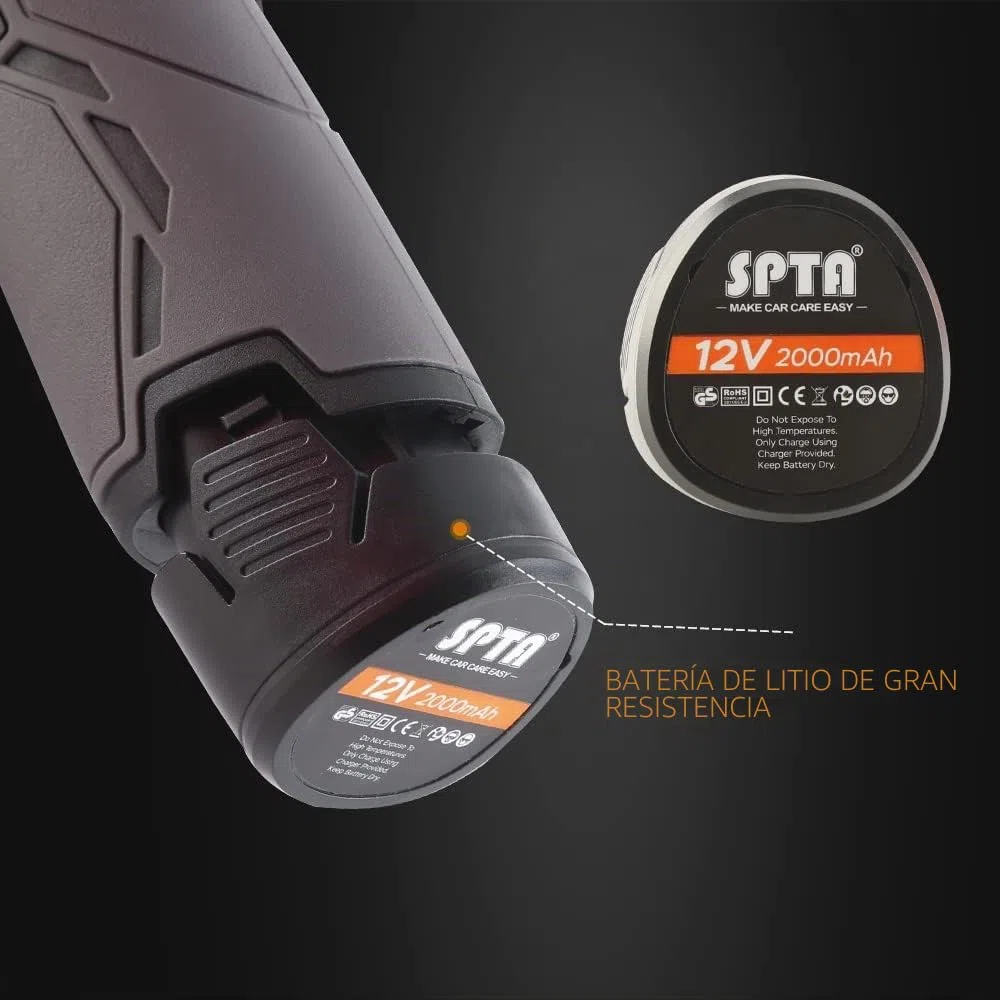 SPTA Pulidora inalámbrica para coche, pulidora con 2 piezas de batería recargable de litio de 12 V, pulidora sin escobillas con velocidad variable, pulidora portátil con kit de almohadillas de pulido