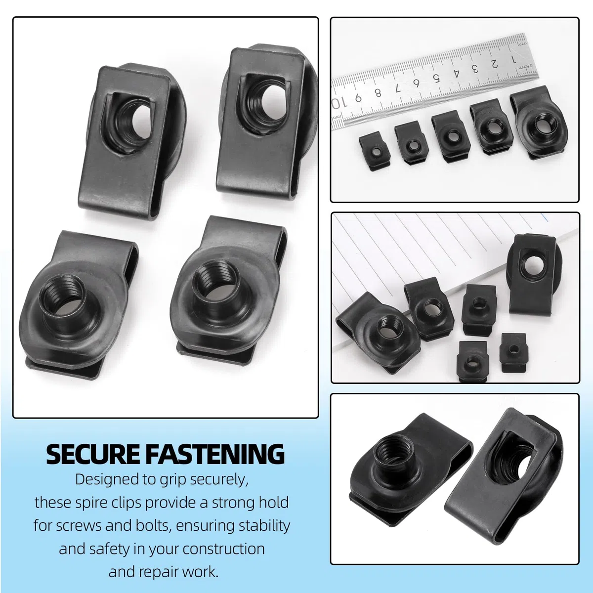 Glarks 50 piezas Kit de tuercas U-clip M4 M5 M6 M8 M10, acero al carbono negro, U-tuerca auto, para motor, guardabarros, parachoques delantero, tablero de instrumentos, panel interior