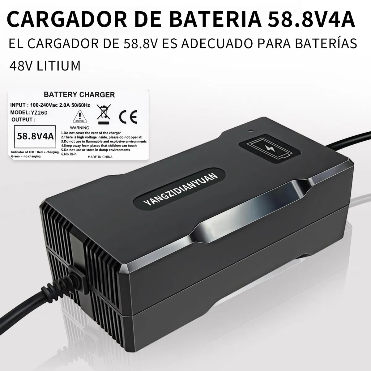 Cargador de batería 48V/52V 58.8V 4A con Conector DC 5.5 * 2.1mm – Cargador Inteligente CC-CV para baterías Recargables