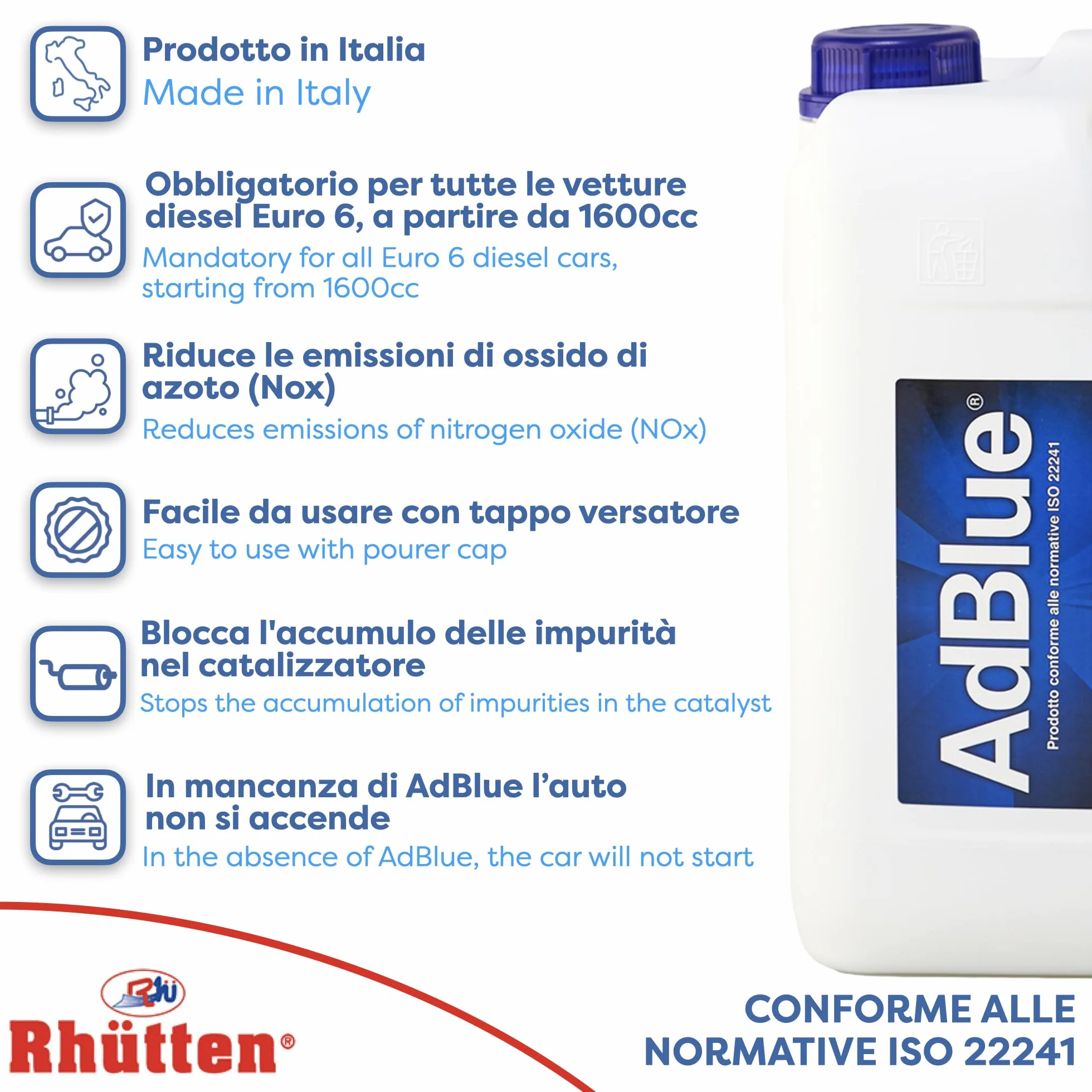 Rhütten, AdBlue Motores diésel, Basf, aditivo de síntesis, urea purísima, ISO 22241, preserva SCR, bloquea la impureza del catalizador, Motores Euro 6, tapón vertedor, 5 l