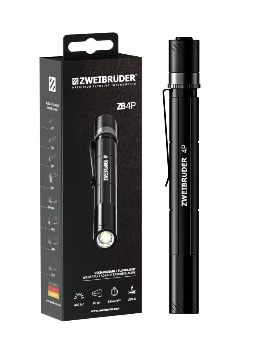 Zweibrüder ZB4P Linterna Tipo Bolígrafo LED Recargable 400 Lúmenes – Penlight Compacta con Función de Enfoque, USB-C y Dual Functional Optic, Ideal para Trabajo, Inspección y Uso Diario