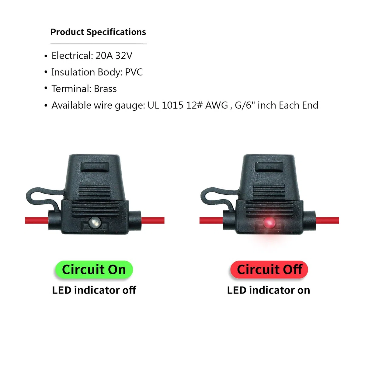 Portafusible LED en línea/aéreo impermeable/estanco IP67 para fusibles ATO/ATC de cuchilla, 12V-32V DC, hasta 30A, cable 12 AWG – Para coche, barco, moto, camper y sistemas solares – Pack 5