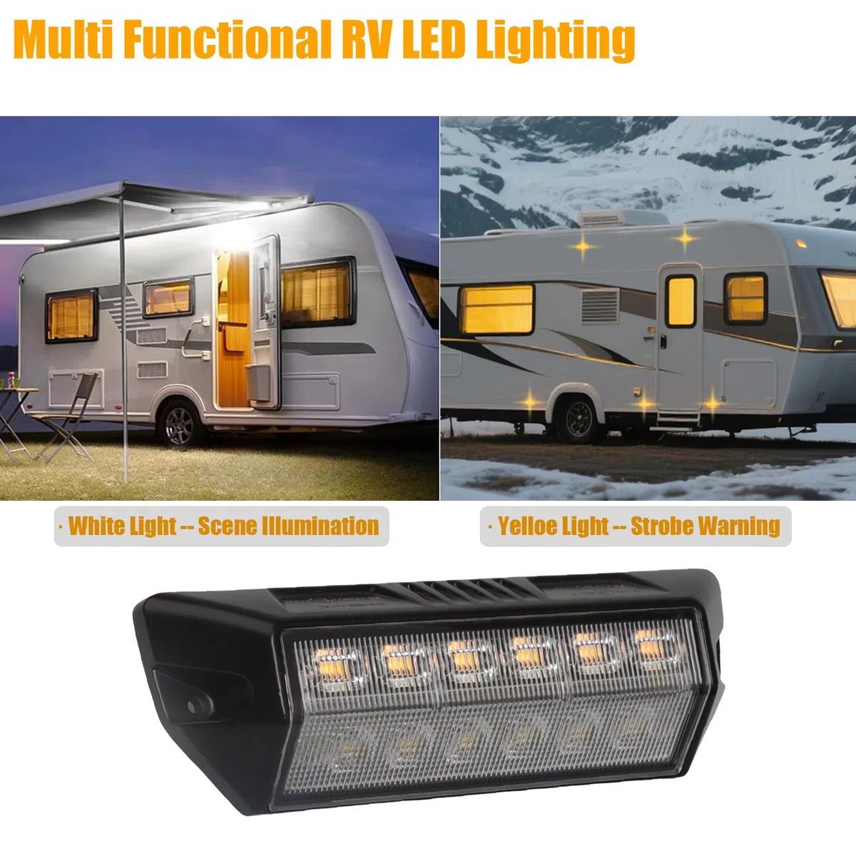 Luz Led Exterior Caravana 12V Luz Blanca/Luz Amarilla Luz LED Exterior Autocaravana IP67 Impermeable 2160LM Luces Led para Toldo Furgoneta Camper (Carcasa negra - Luz blanca/Luz amarilla)