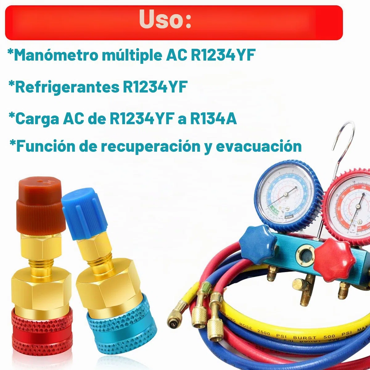Adaptadores R1234yf a R134a, Kit de Recarga de refrigerante R1234yf a R134a,Lado Alto/bajo Adaptadores para R1234yf/R134a Recarga de evacuación del Sistema de refrigerante de CA del automóvil