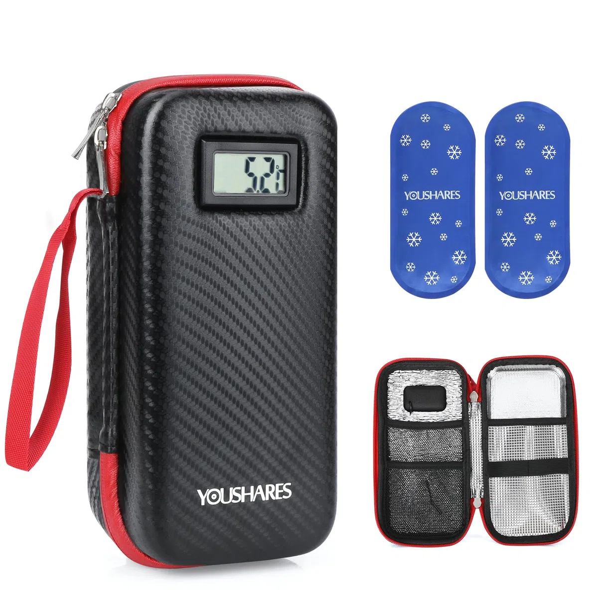 YOUSHARES Bolsa de Insulina con Pantalla Temperatura, Estuche Térmico Portátil con 2 Bolsas de Hielo TSA, Nevera Medicamentos Portatil Impermeable y Resistente para Viaje (Negro)