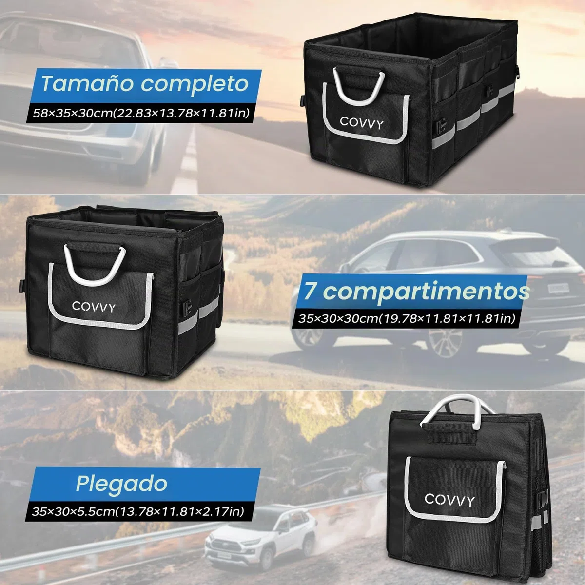 Organizador maletero coche, con bolsillo con solapa, bolsillos laterales y asa fuerte, parte inferior antideslizante, organizador de maletero de coche pequeño y SUV