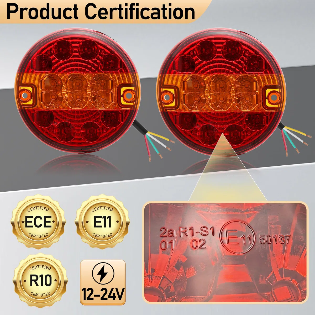 2 x Pilotos Traseros Remolque Redondo LED 12V/24V Rojo Luces Remolque Homologados E11, Impermeable IP67, 3-en-1(Freno/Posición/Intermitentes) para Remolques Camións Caravanas