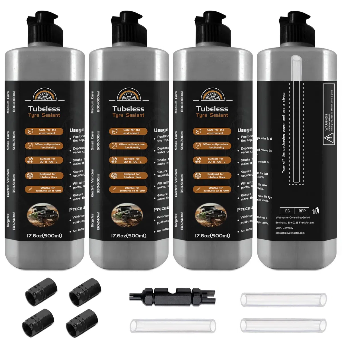 2000 ml sellador para neumáticos sin cámara, kit de reparación de pinchazos con llave central de válvula y tapa de neumático, sellador para fugas de neumáticos para reparar rápidamente pinchazos
