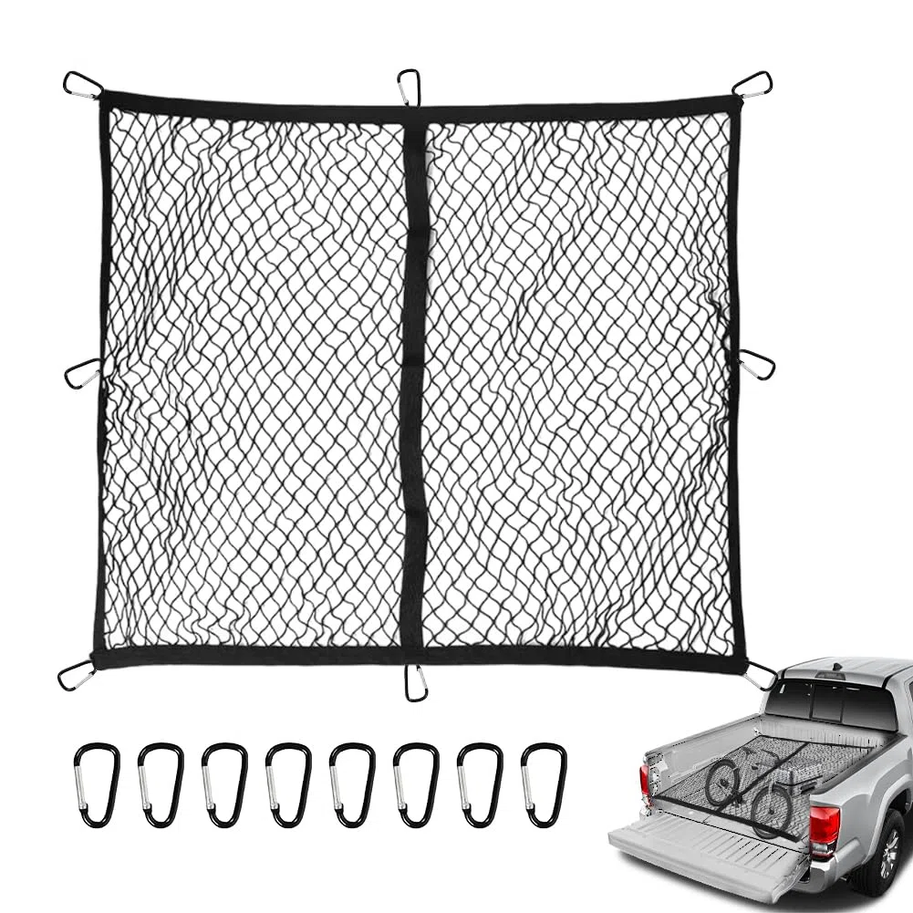 Red de equipaje altamente elástica para camionetas, 120 x 120 cm (extensible hasta 210 x 210 cm) con 8 mosquetones de acero, red para maletero de coche, fijación de equipaje para camiones, coches