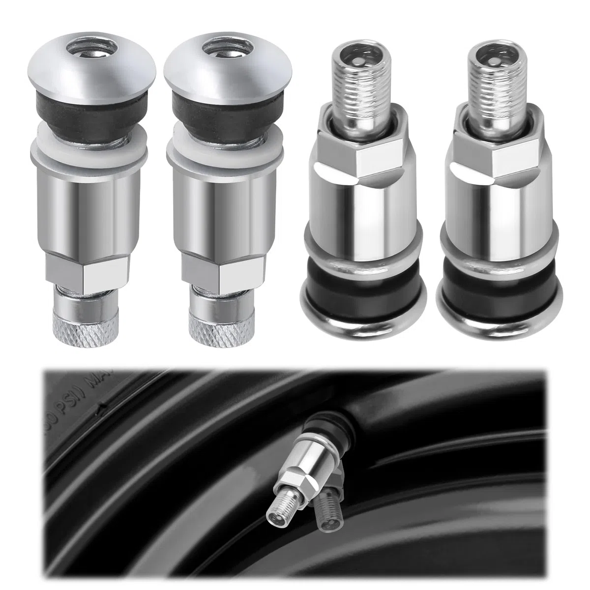 4pcs Válvula de Neumático de Coche con Tapón, Válvula de Metal para Llantas Sin Cámara Orificio de Válvula Universal 11,3mm con Tapón y Junta de Goma para Rueda Motocicleta Bicicleta Camión Plata